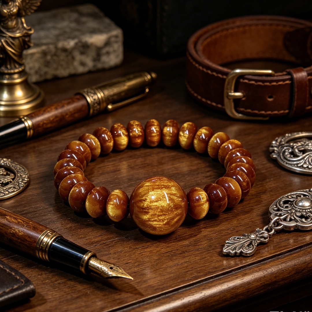 Unisex 20mm Natural Stone Elastic Golden Bead Bracelet, Good Luck